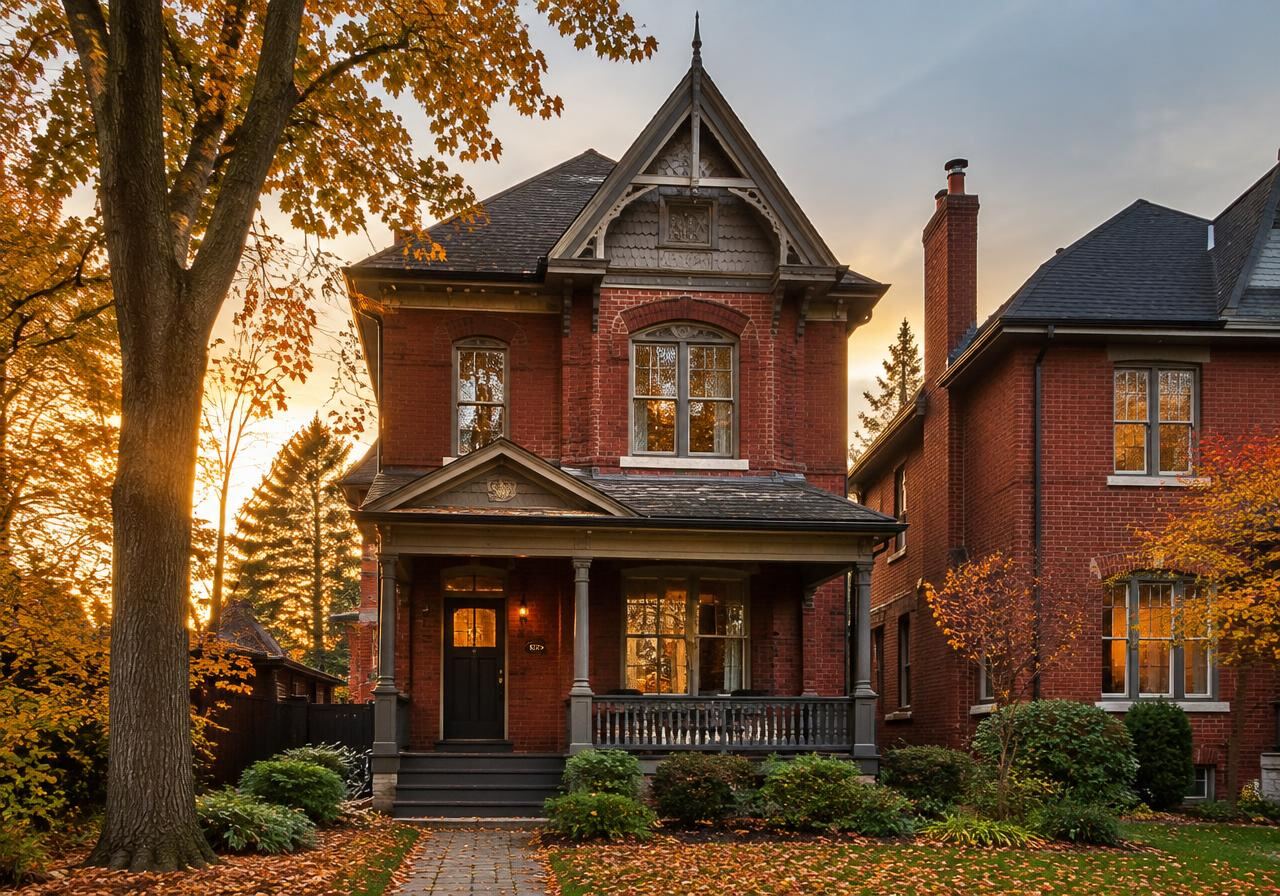 Red brick Victorian detached home on a tree lined Toronto street in autumn